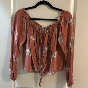 Coral Floral Cropped Long Sleeve Off The Shoulder Top